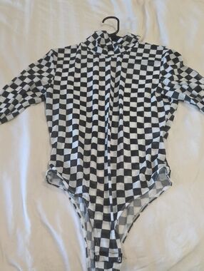 Checkerboard Long Sleeve Bodysuit - Black & White